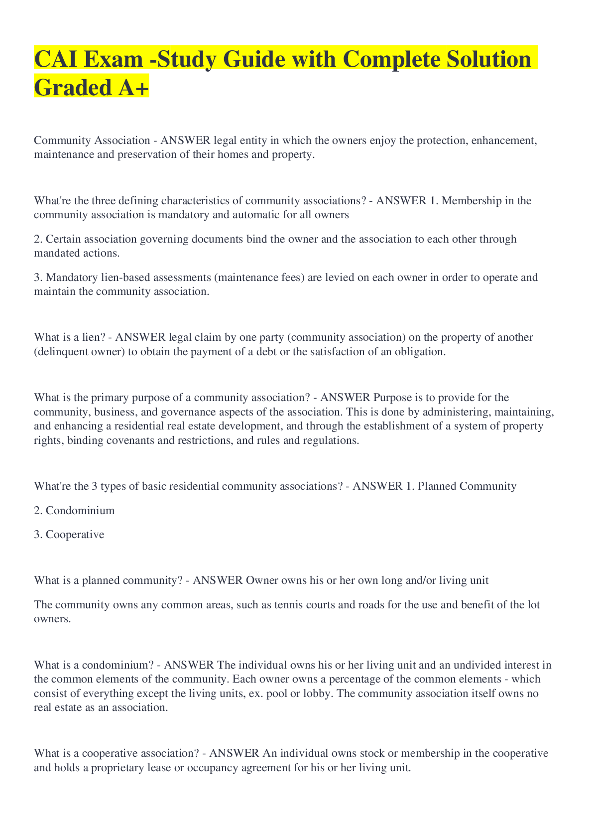 Preview image for CAI Exam -study Guide with complete solution Graded A+